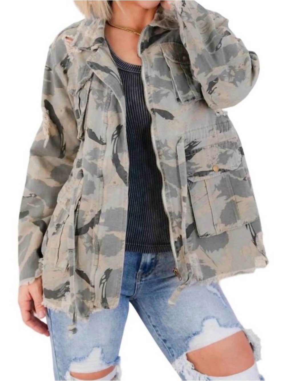 POL Distressed Camo Utility Jacket - Olive